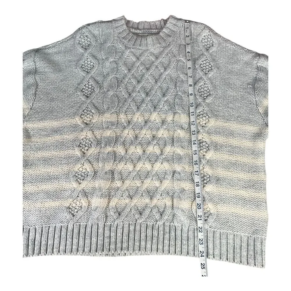 American Eagle Cable Knit Sweater XL Gray Cream Striped Chunky Crewneck Pullover